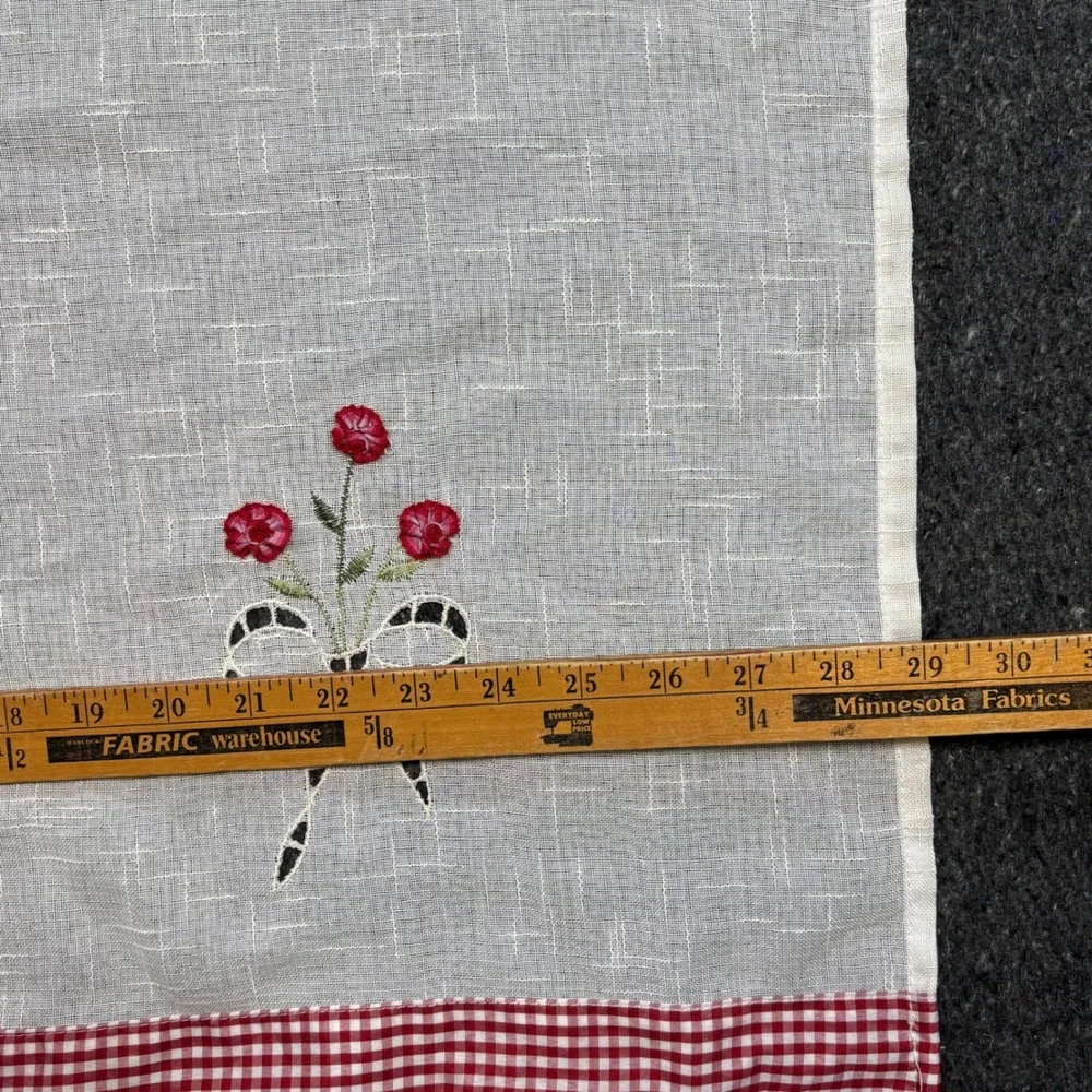 Vintage Kitchen Cafe Curtain Red Gingham White Floral Embroidery Boho Farmhouse